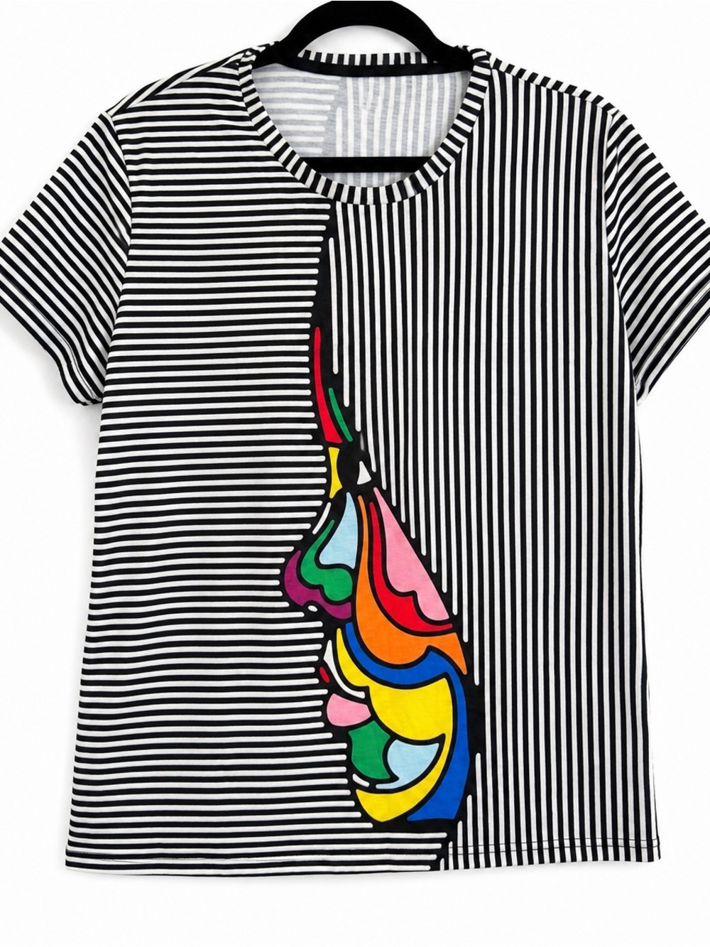 Abstract Face Graphic Striped Tee Black White Colorful Art Top Size L